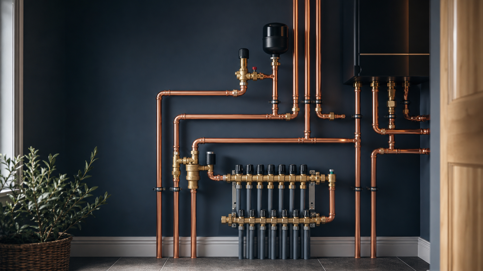 Contemporary copper plumbing and heating installation